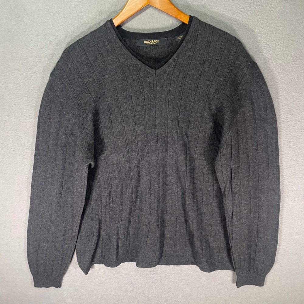 Bachrach Mens Sweater XXL Gray Merino Wool V Neck Made in Italy Ribbed